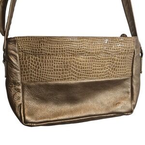 SAS Shoulder Bag Metallic Bronze Croc Embossed Genuine Leather Strap Glam Rock